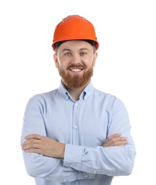 Photo of Engineer in hard hat on white background