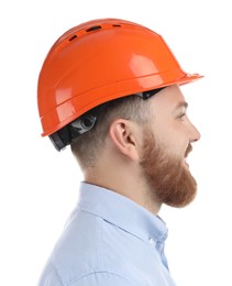 Engineer in hard hat on white background