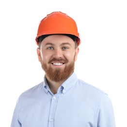 Engineer in hard hat on white background