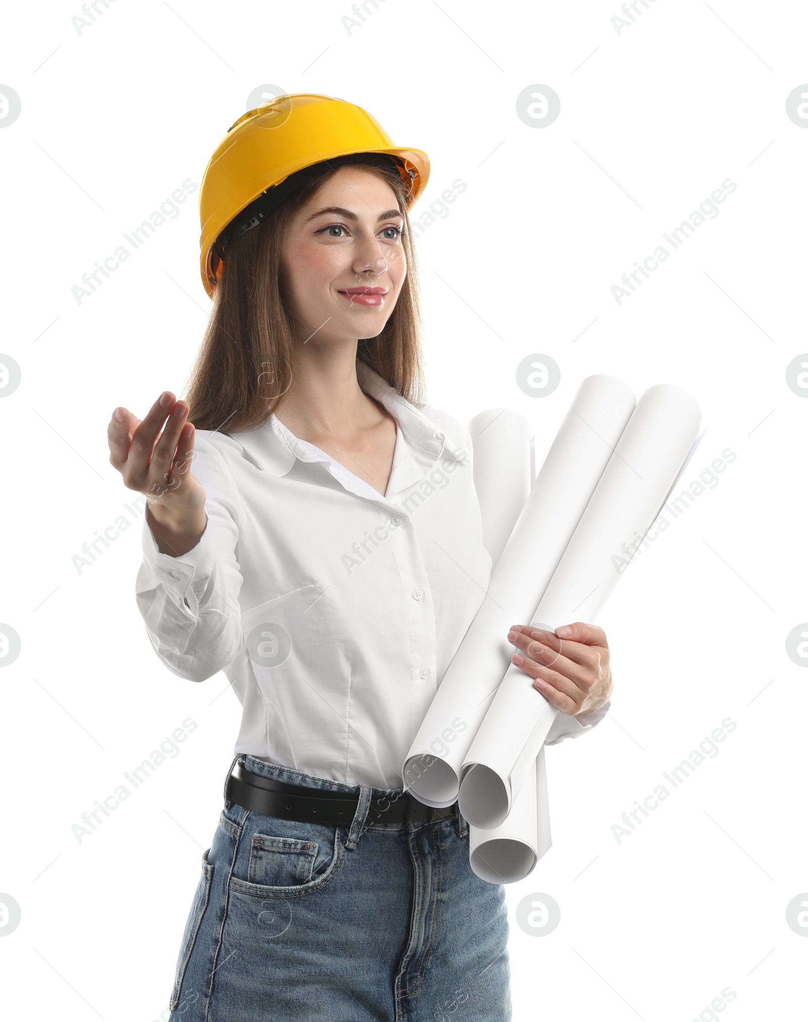 Photo of Engineer in hard hat with drafts on white background