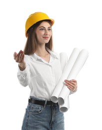 Photo of Engineer in hard hat with drafts on white background