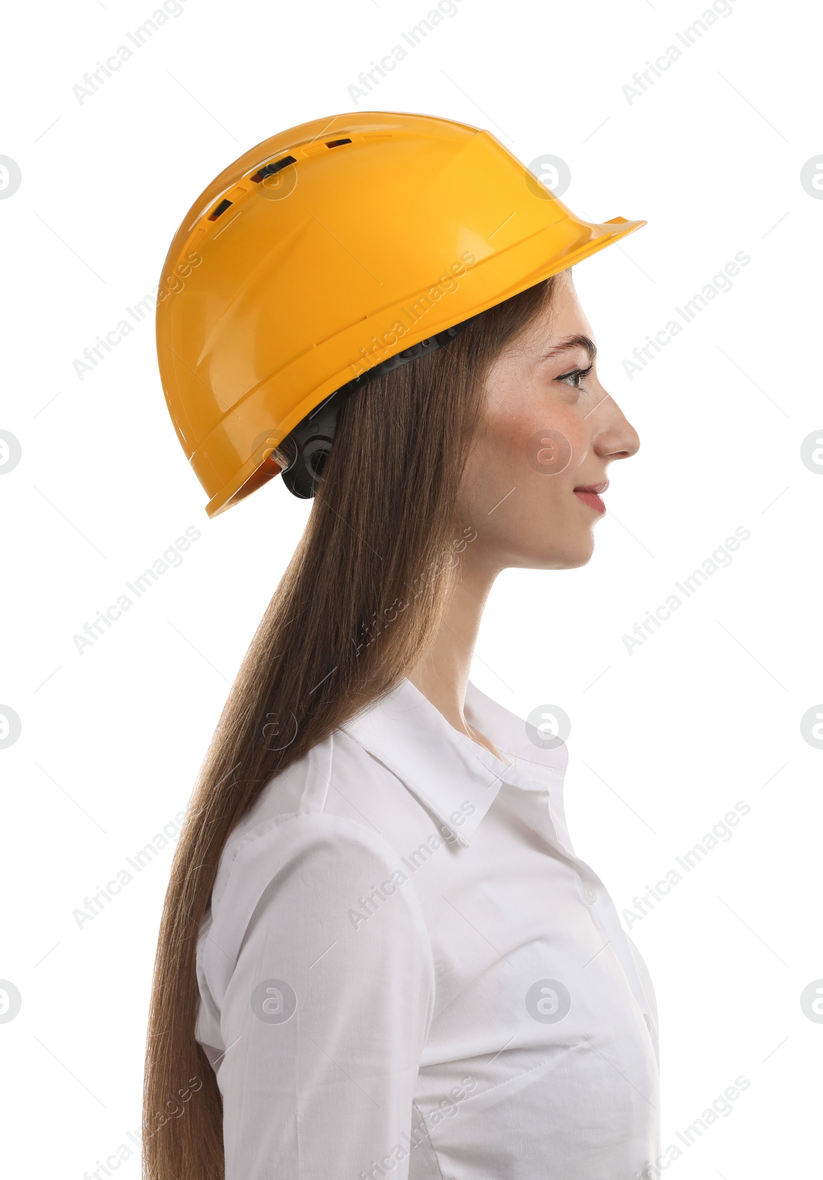 Photo of Engineer in hard hat on white background