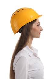 Photo of Engineer in hard hat on white background