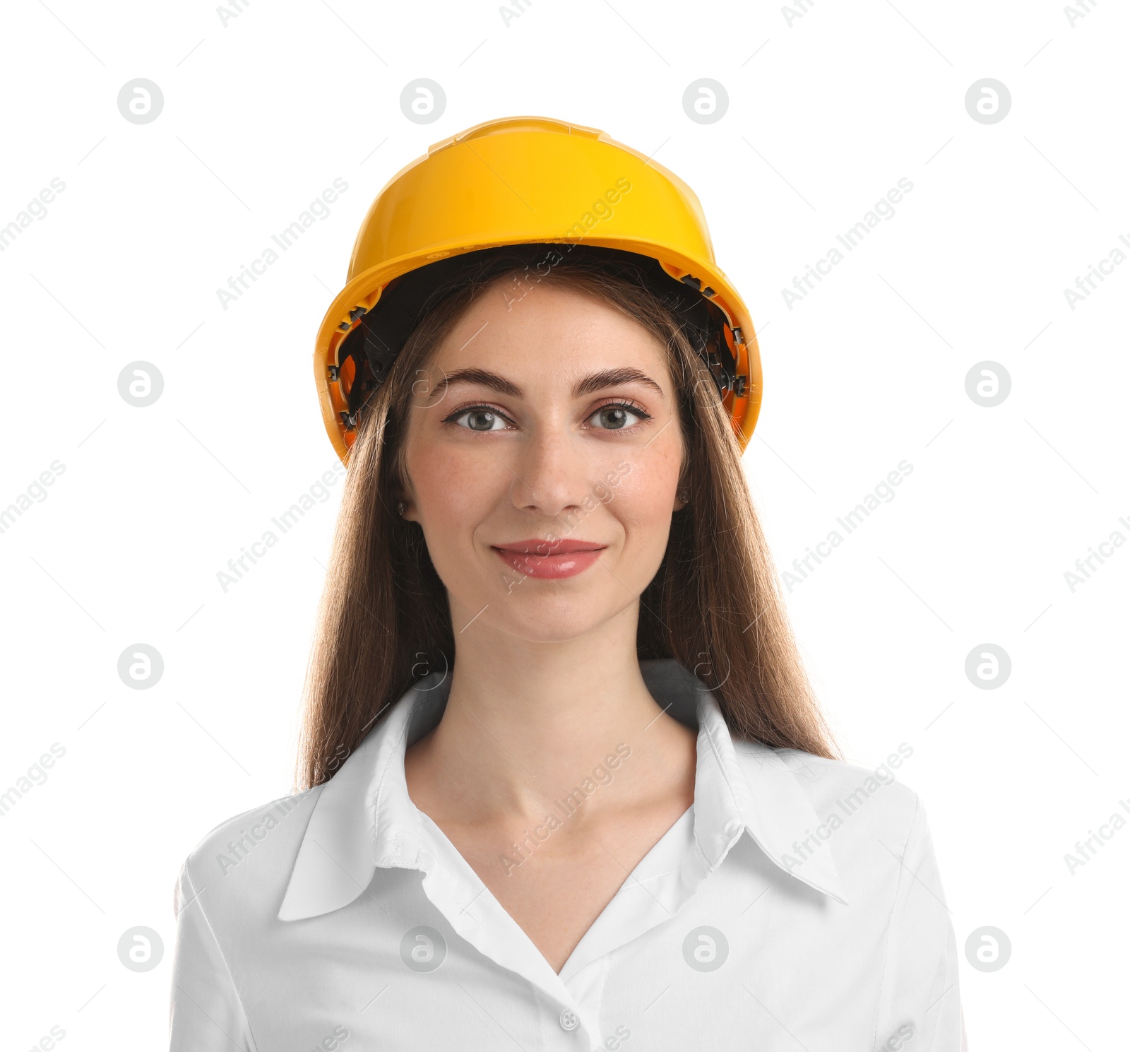 Photo of Engineer in hard hat on white background