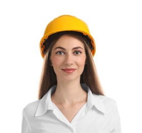 Photo of Engineer in hard hat on white background