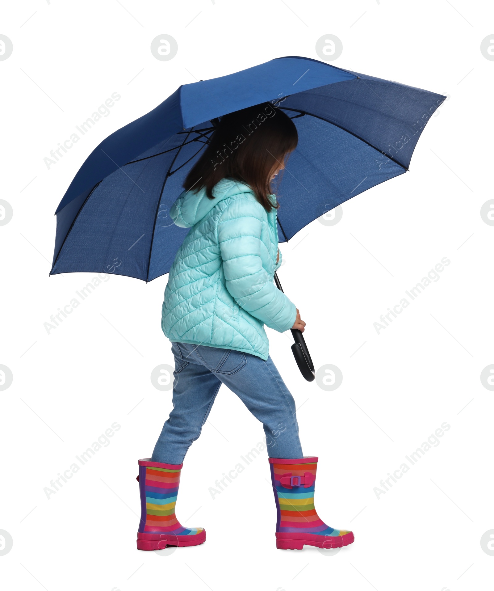 Photo of Little girl with blue umbrella on white background