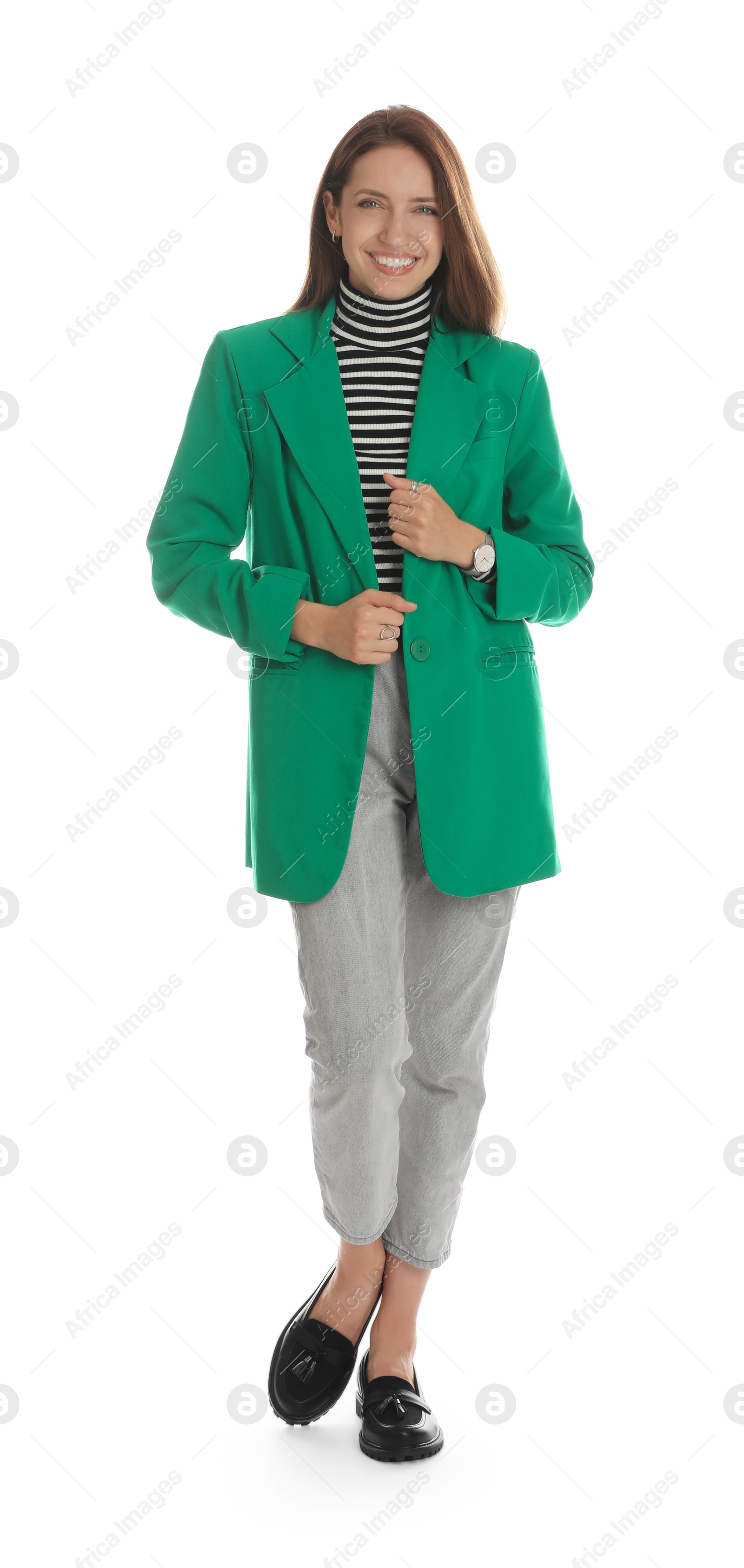 Photo of Beautiful woman in stylish green jacket on white background