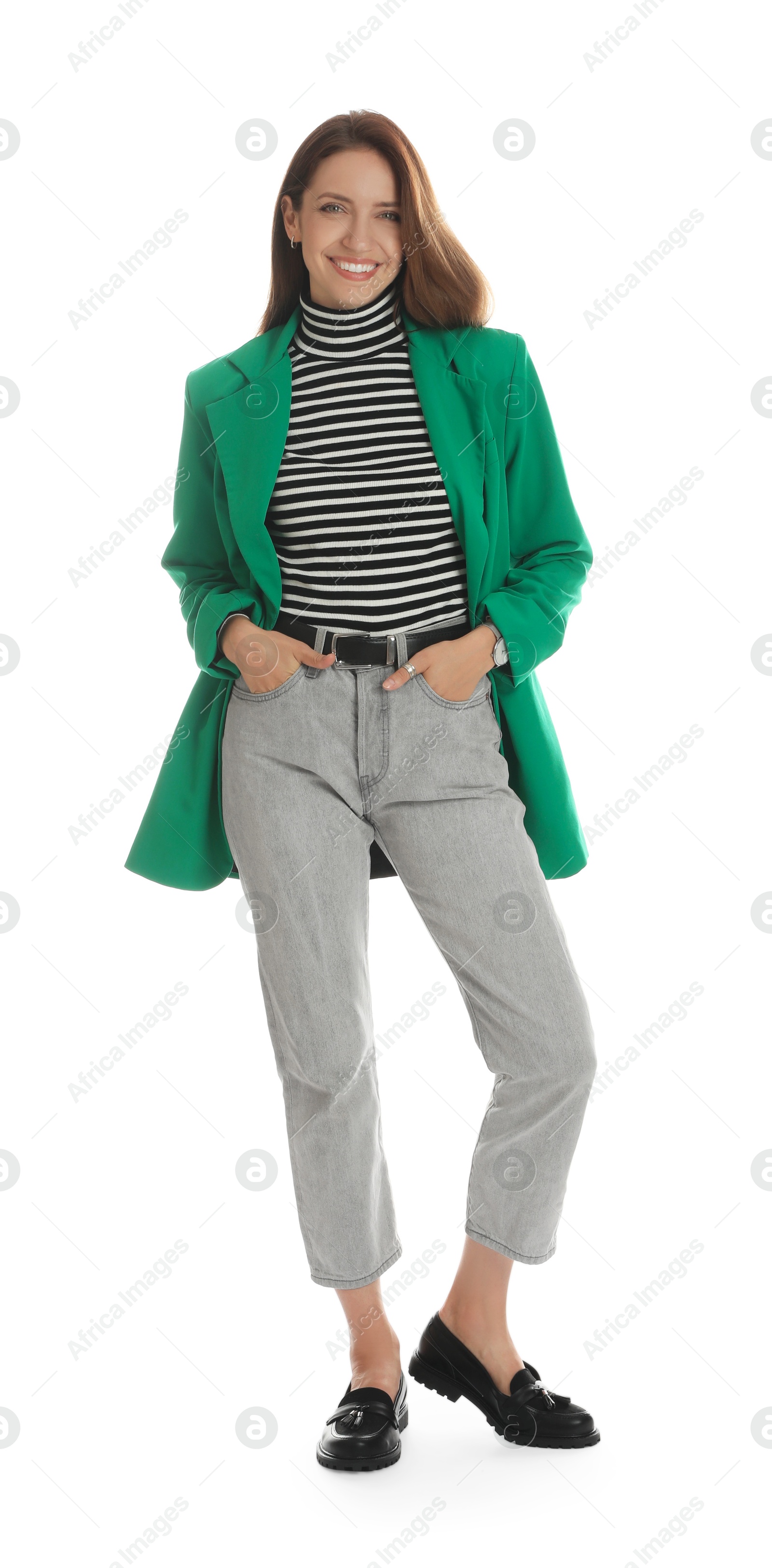 Photo of Beautiful woman in stylish green jacket on white background