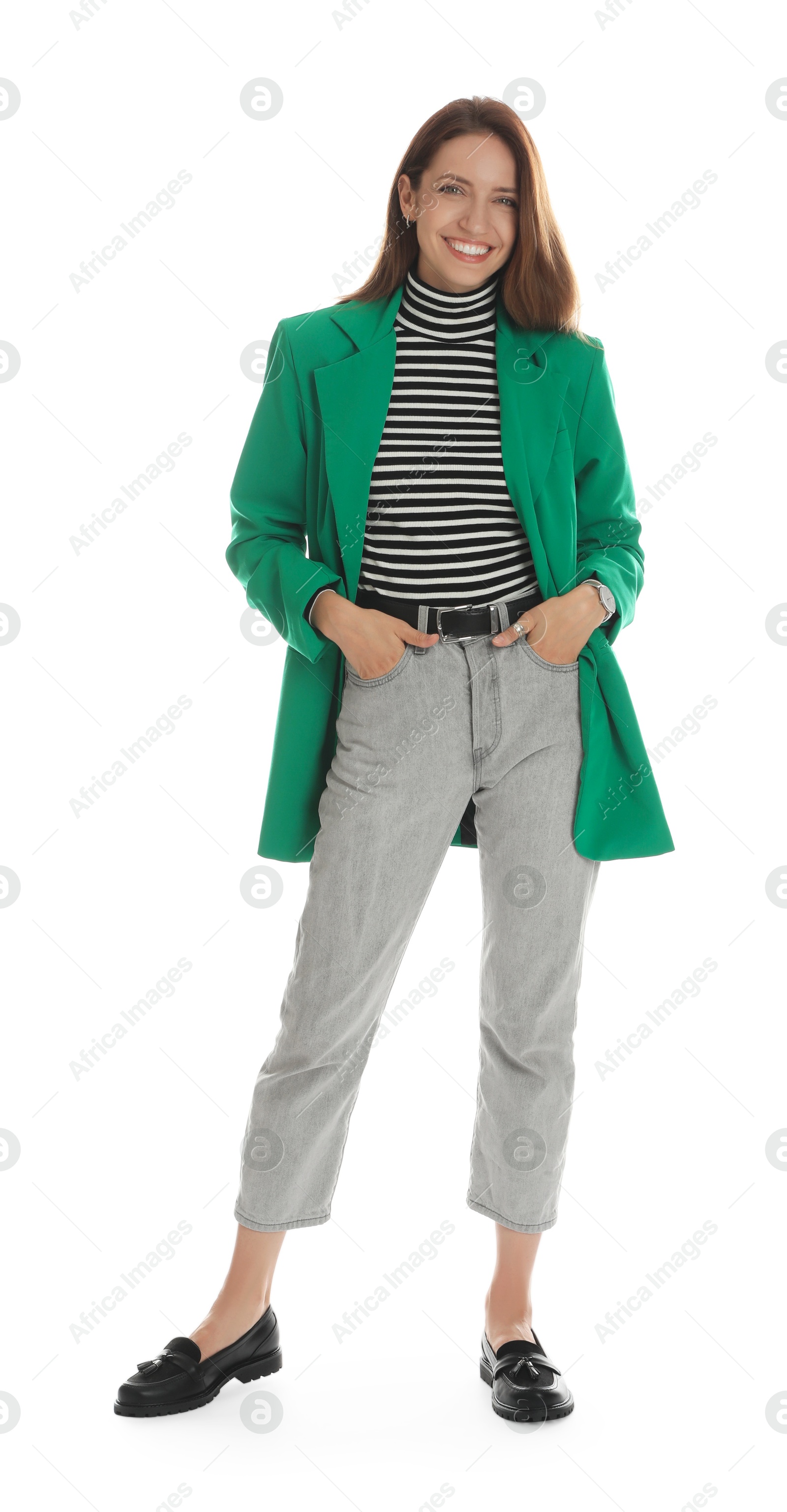 Photo of Beautiful woman in stylish green jacket on white background