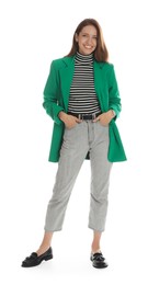 Photo of Beautiful woman in stylish green jacket on white background