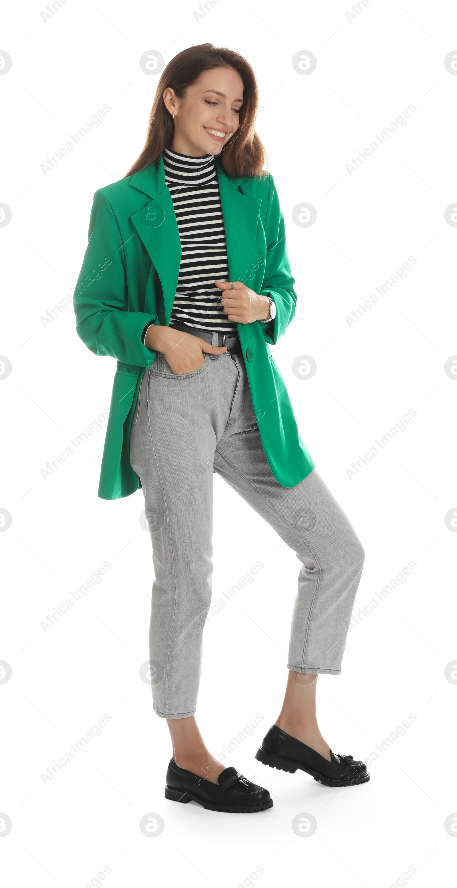 Photo of Beautiful woman in stylish green jacket on white background