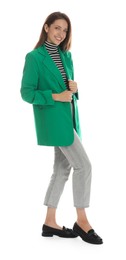 Photo of Beautiful woman in stylish green jacket on white background