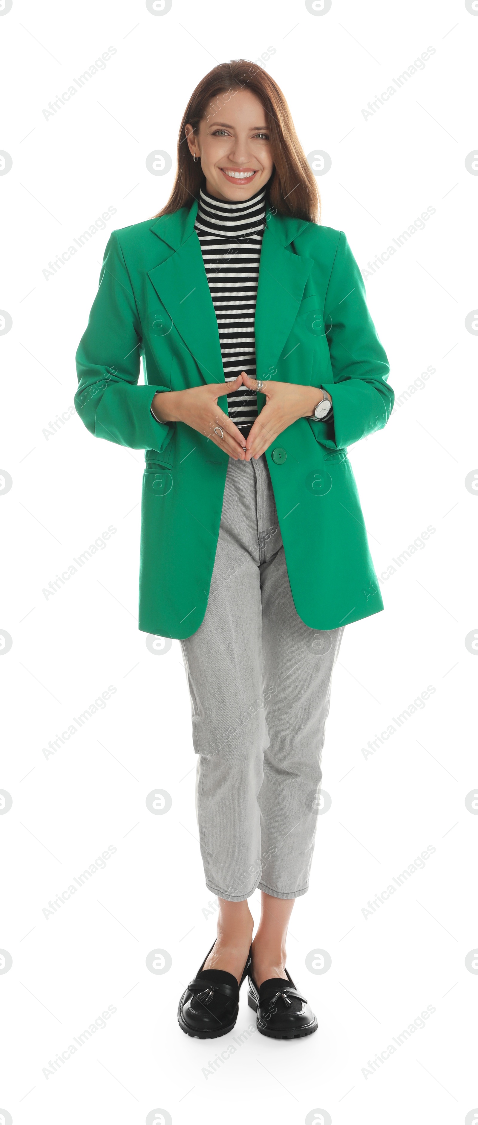 Photo of Beautiful woman in stylish green jacket on white background