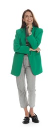 Photo of Beautiful woman in stylish green jacket on white background