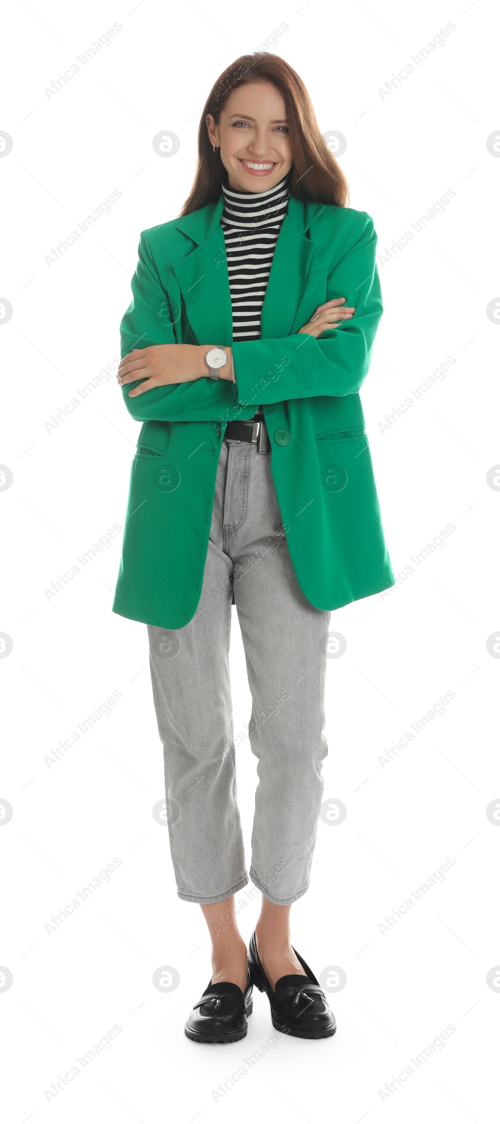 Photo of Beautiful woman in stylish green jacket on white background