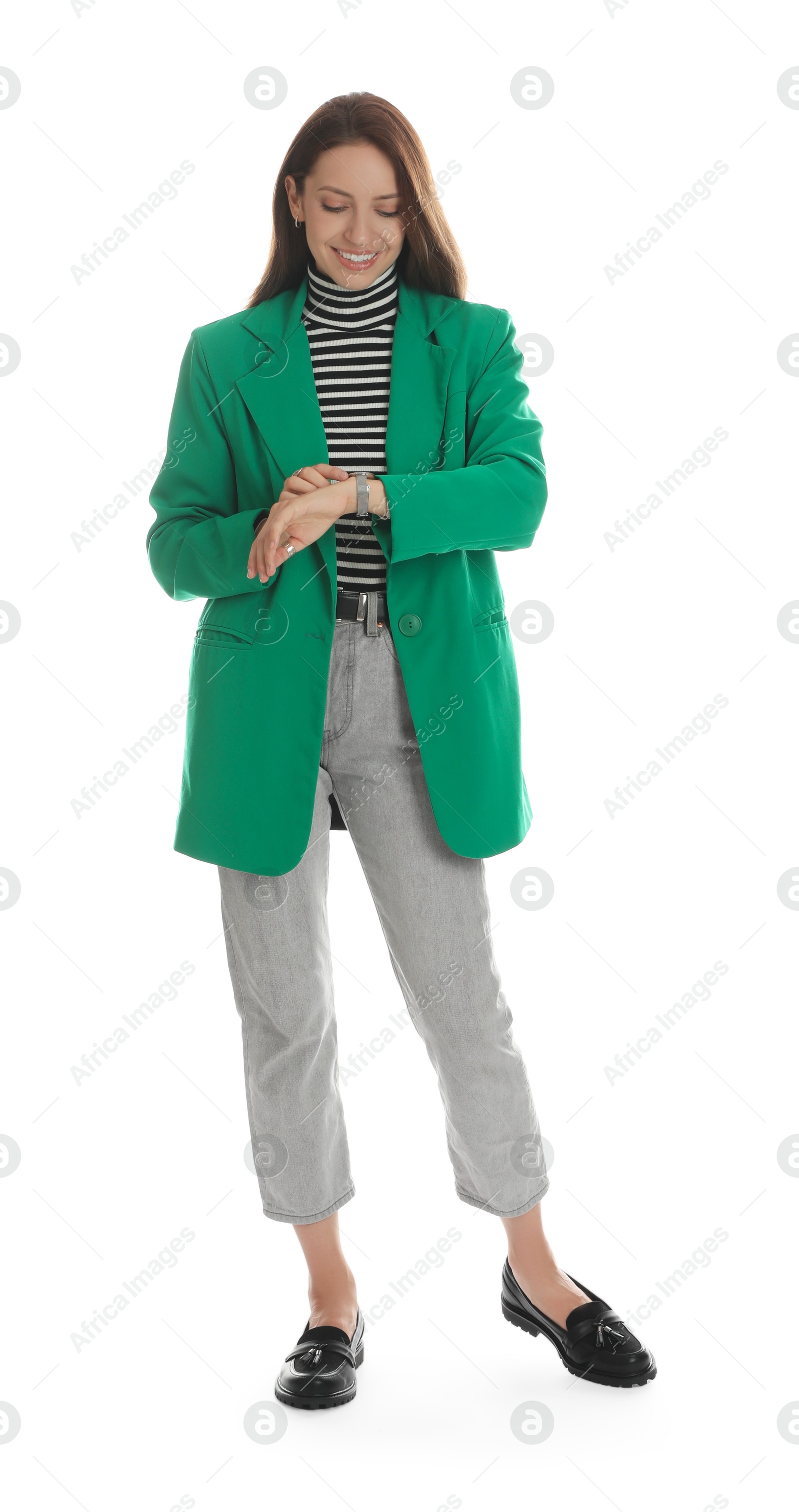 Photo of Beautiful woman in stylish green jacket on white background