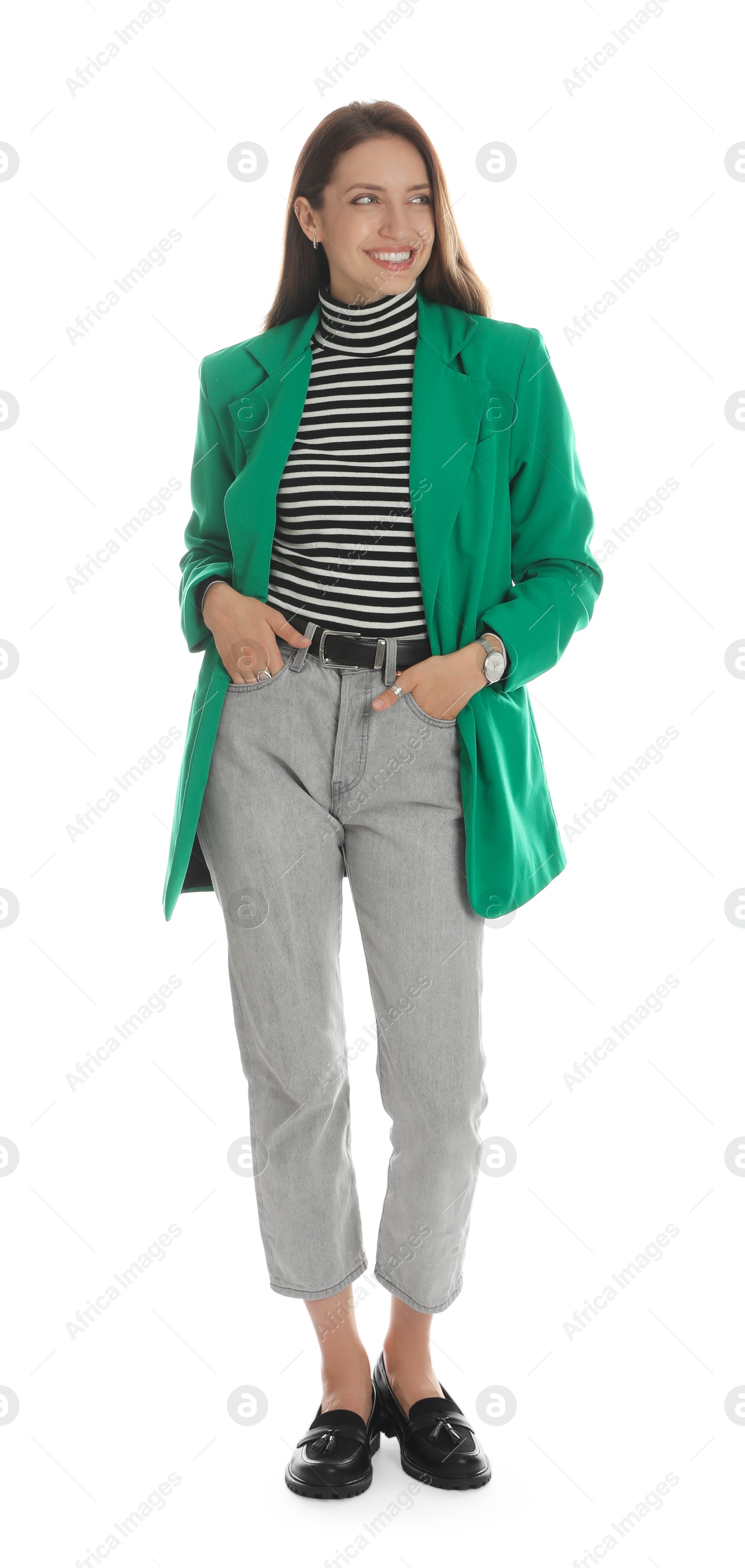 Photo of Beautiful woman in stylish green jacket on white background