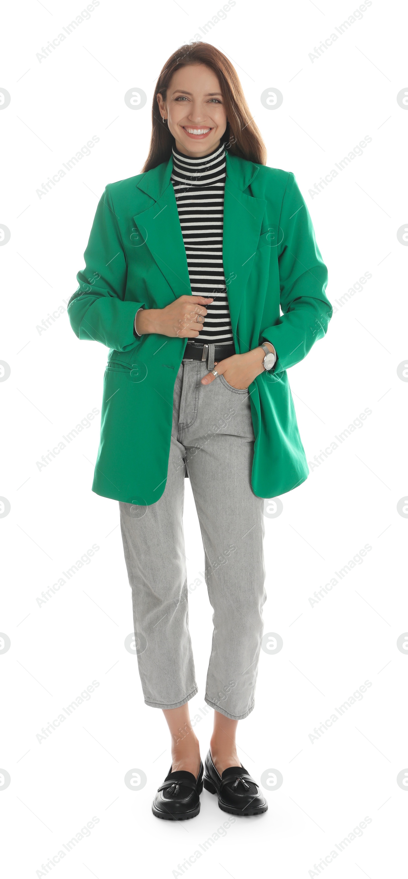 Photo of Beautiful woman in stylish green jacket on white background