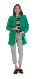 Photo of Beautiful woman in stylish green jacket on white background