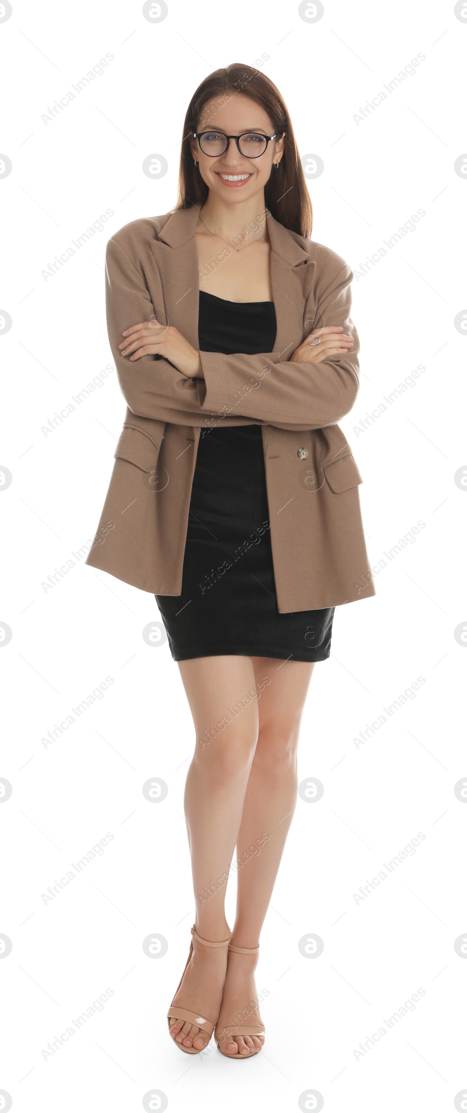 Photo of Beautiful woman in stylish brown jacket, glasses and black dress on white background