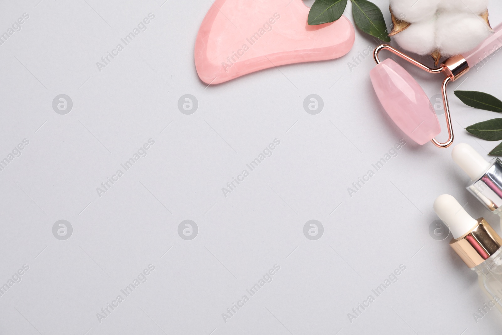 Photo of Different cosmetic products, leaves and cotton flower on light grey background, flat lay. Space for text