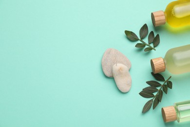 Photo of Cosmetic products and green leaves on turquoise background, flat lay. Space for text