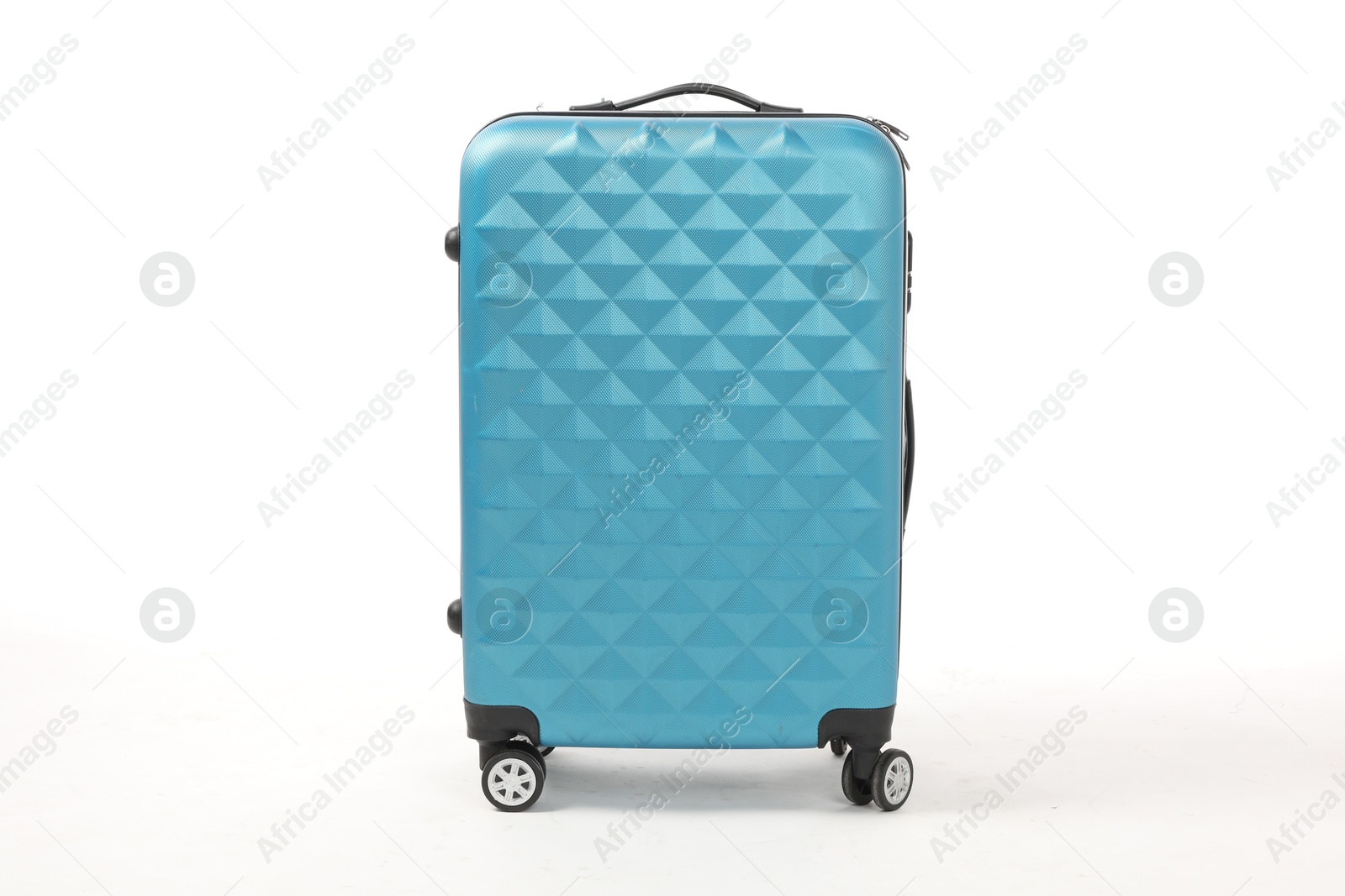 Photo of One light blue suitcase on white background