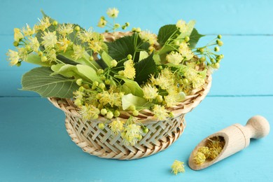 Photo of Fresh linden leaves and flowers in wicker basket on light blue wooden table