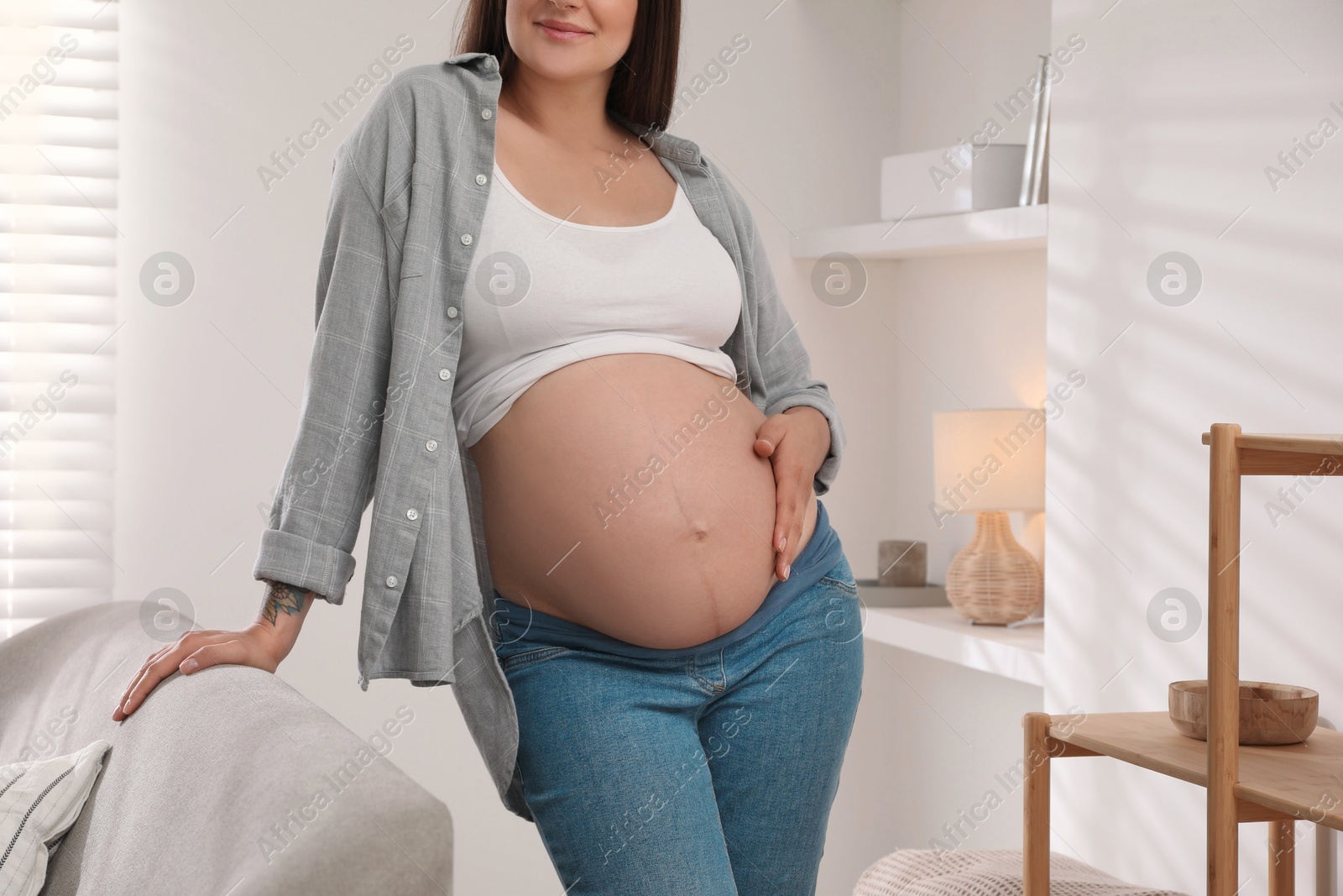 Photo of Pregnant woman in living room, closeup view