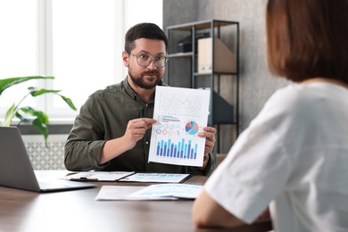 Consultant working with client at table in office