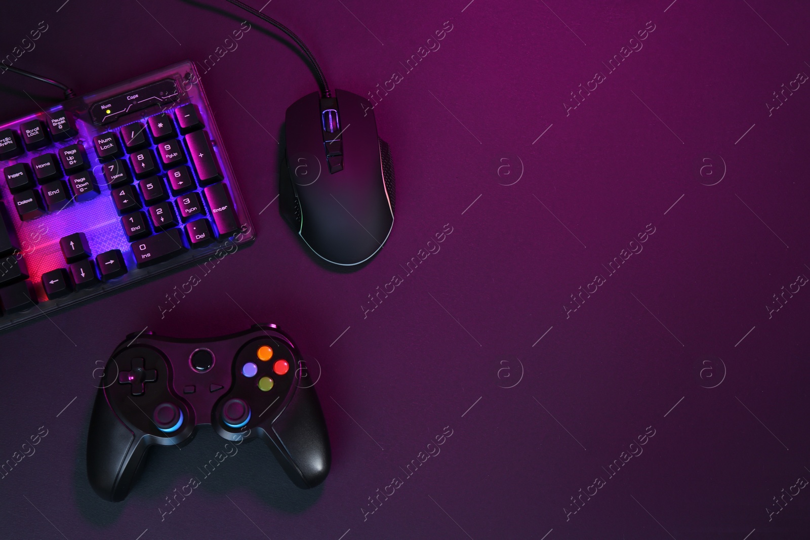 Photo of Computer mouse, RGB keyboard and game controller in neon lights on dark background, flat lay. Space for text