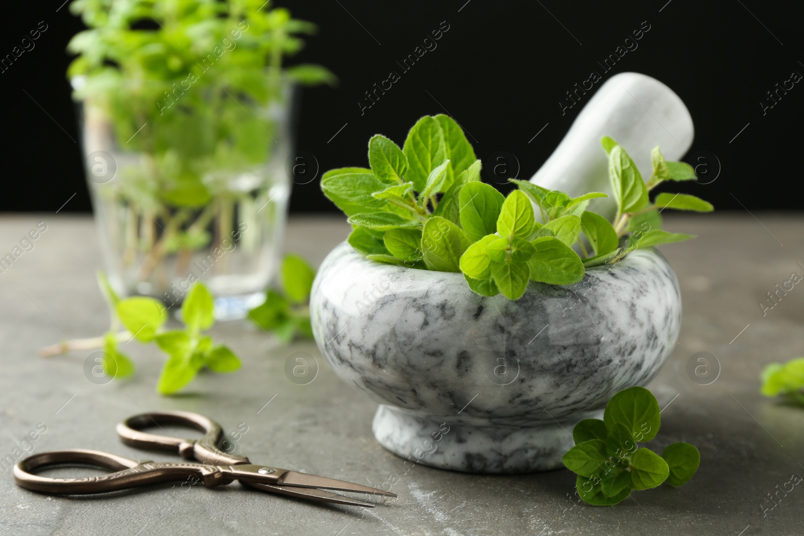 Photo of Mortar with sprigs of fresh green oregano and scissors on gray textured table, closeup