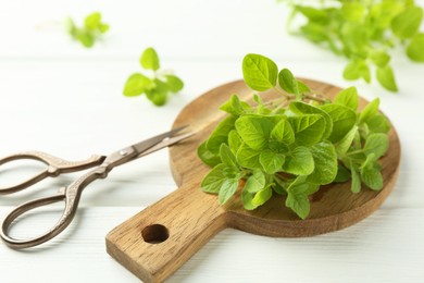 Photo of Sprigs of fresh green oregano and scissors on white wooden table, closeup