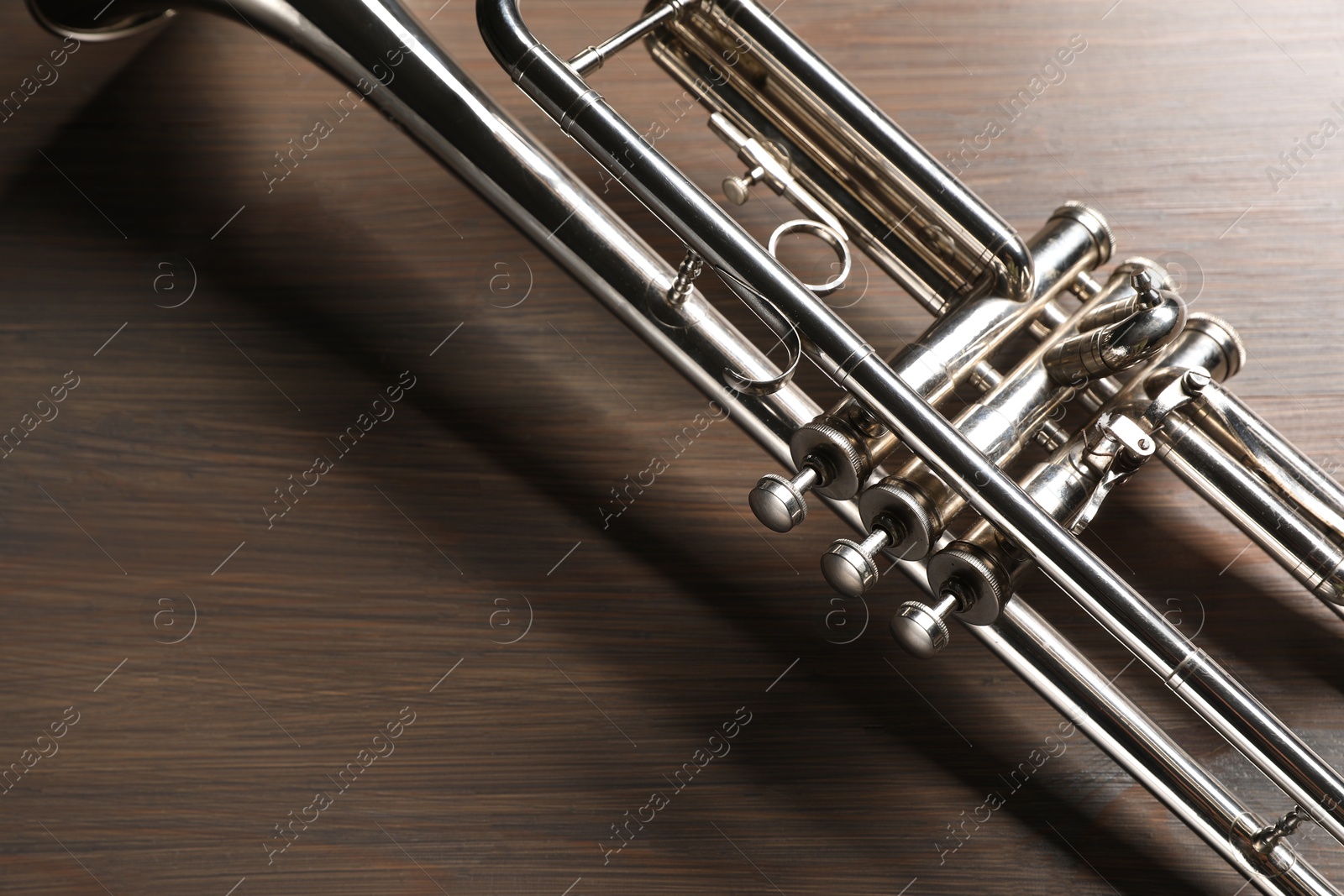 Photo of One trumpet on wooden table, above view