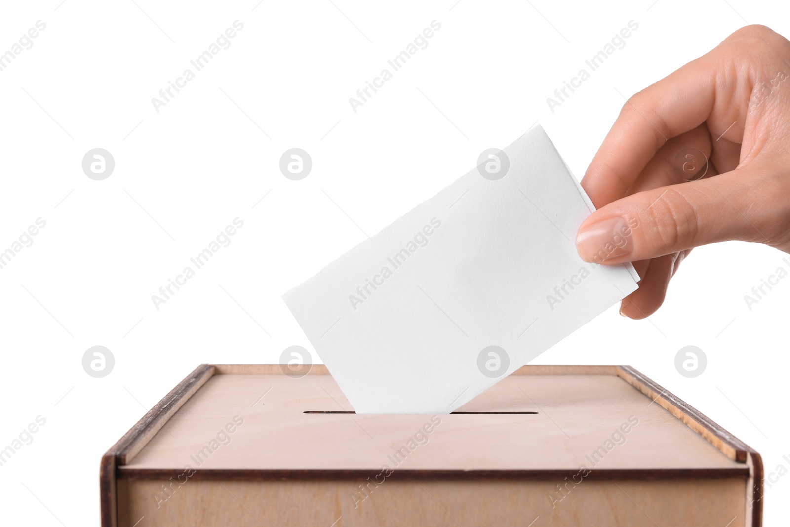 Photo of Woman putting her vote into ballot box against white background, closeup