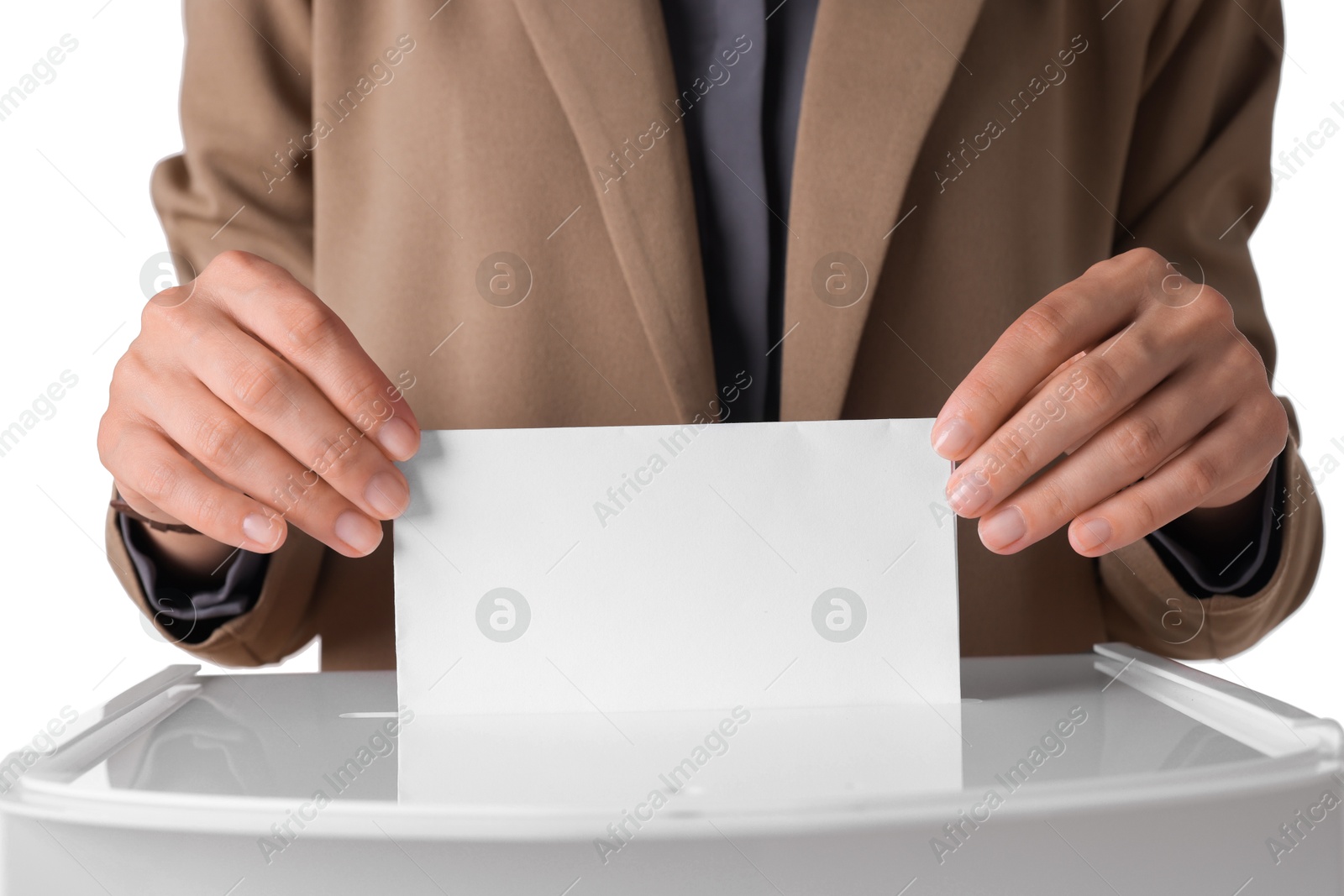 Photo of Woman putting her vote into ballot box against white background, closeup