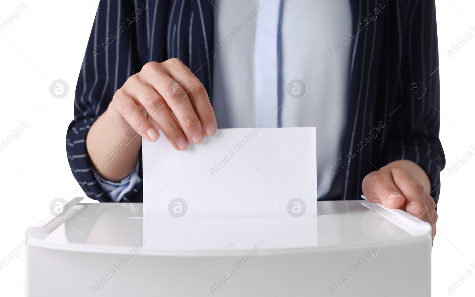 Photo of Woman putting her vote into ballot box against white background, closeup