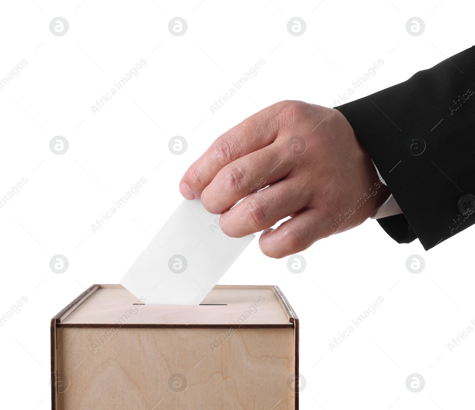 Photo of Man putting his vote into ballot box against white background, closeup