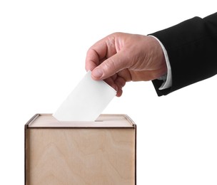 Photo of Man putting his vote into ballot box against white background, closeup