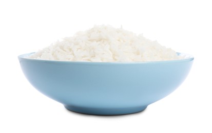 Tasty cooked rice in bowl isolated on white