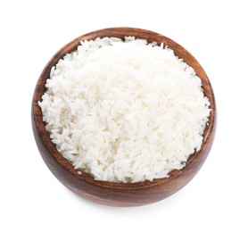 Photo of Tasty cooked rice in bowl isolated on white, top view