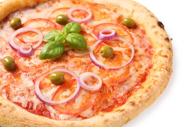 Photo of Delicious vegetarian pizza with fresh basil isolated on white