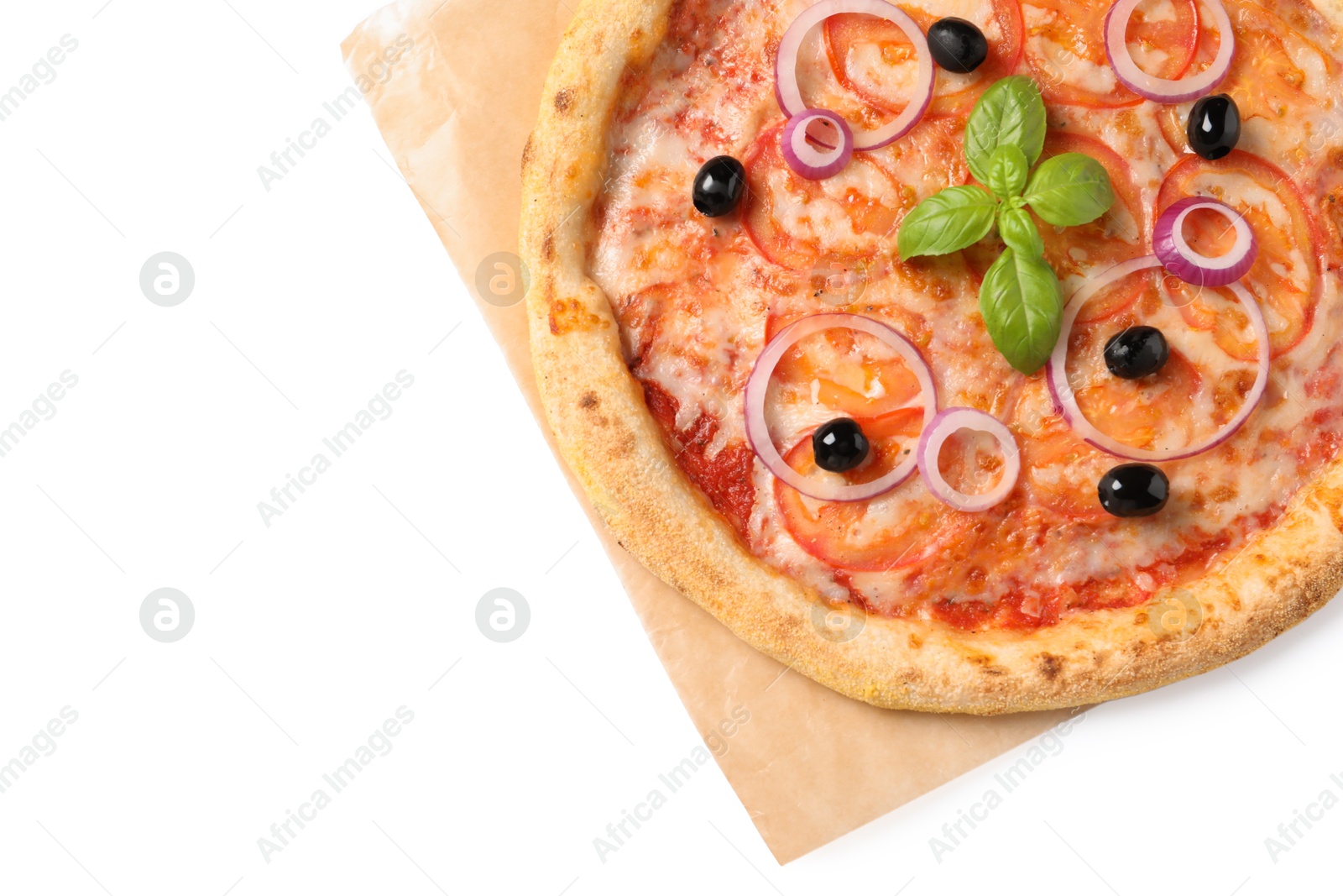 Photo of Delicious vegetarian pizza isolated on white, top view