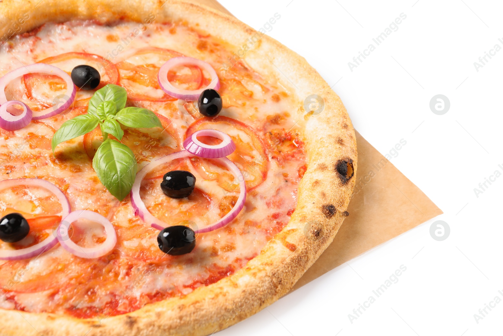 Photo of Delicious vegetarian pizza with fresh basil isolated on white