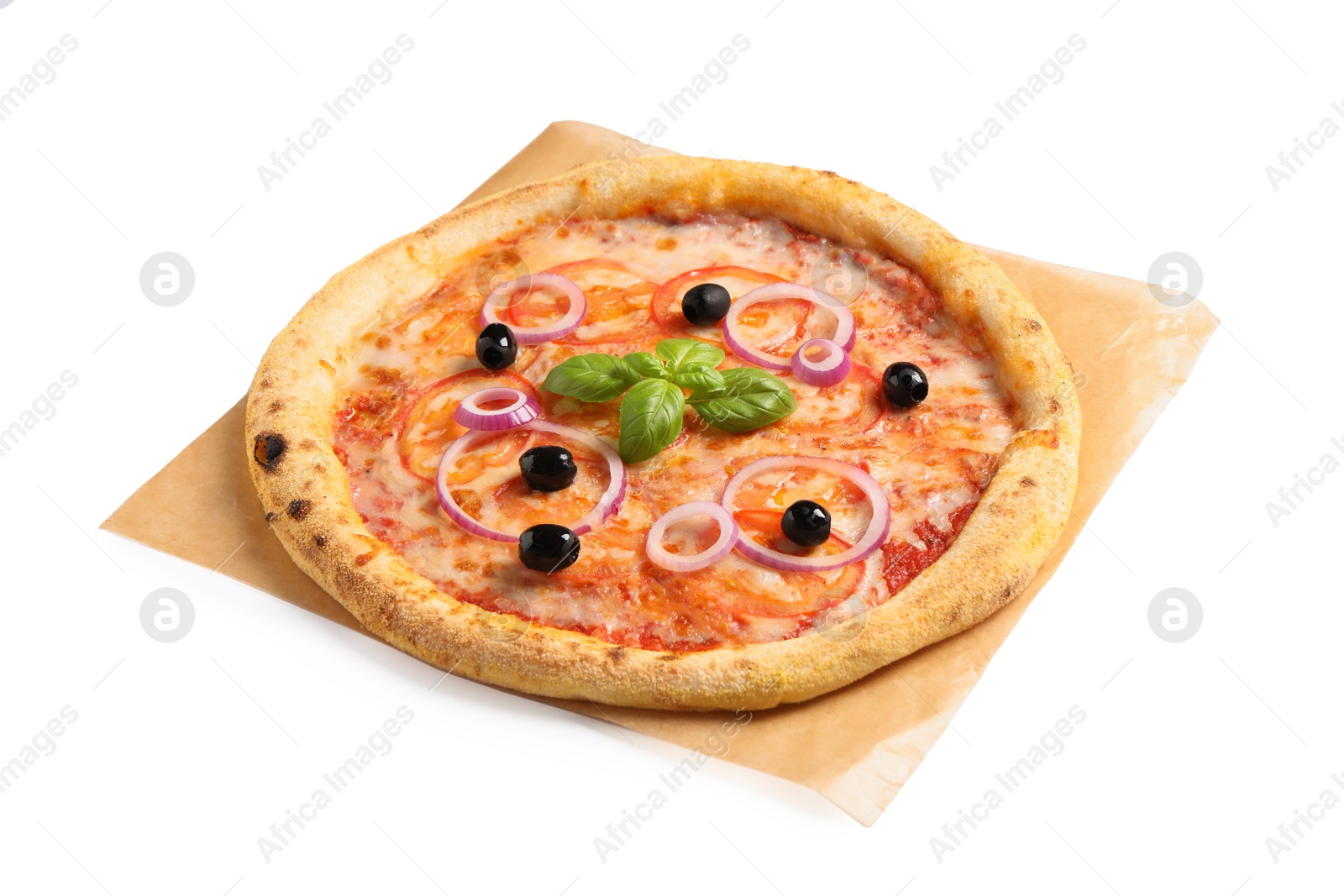 Photo of Delicious vegetarian pizza with fresh basil isolated on white