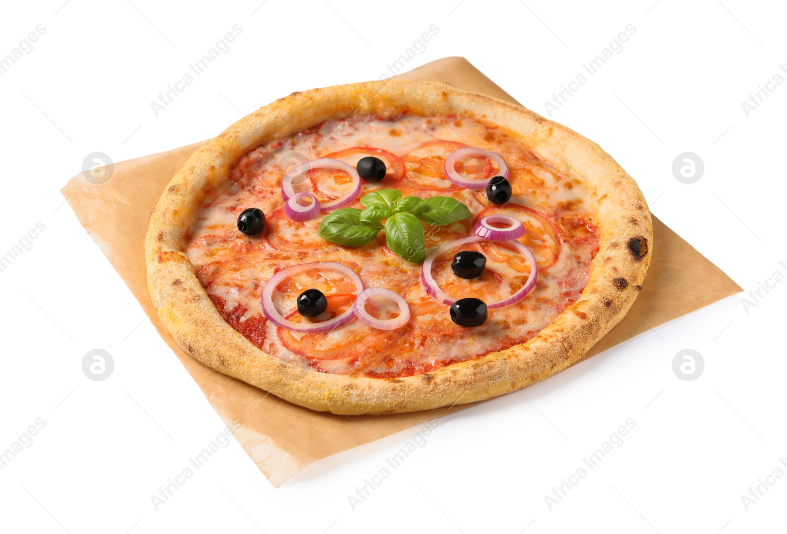 Photo of Delicious vegetarian pizza with fresh basil isolated on white