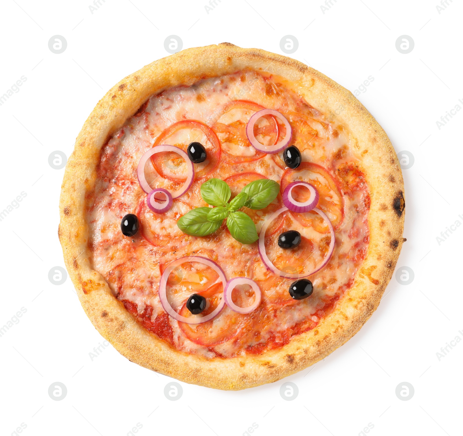 Photo of Delicious vegetarian pizza isolated on white, top view