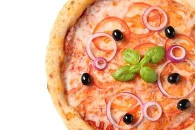 Photo of Delicious vegetarian pizza isolated on white, top view