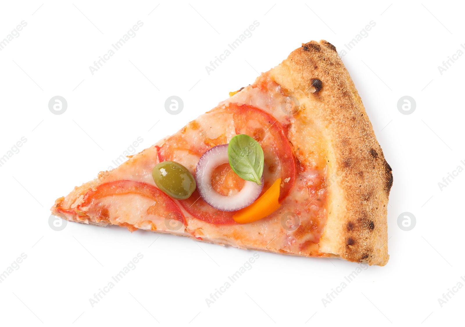 Photo of Slice of delicious vegetarian pizza isolated on white, top view