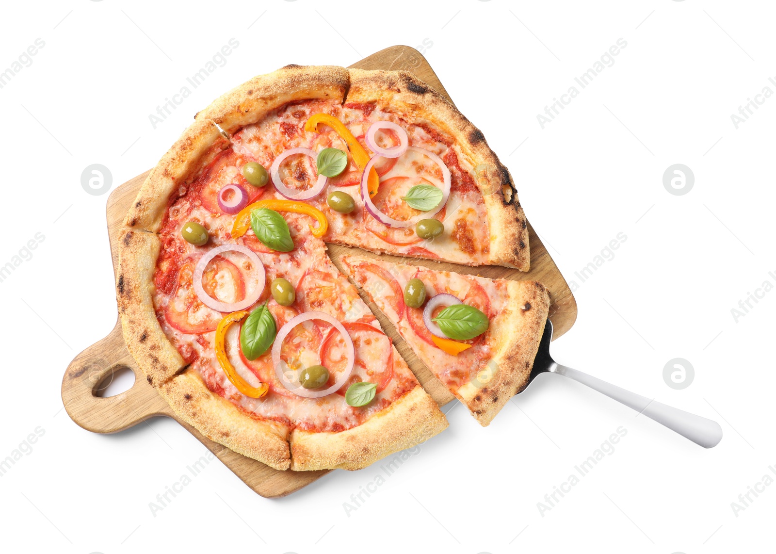 Photo of Cut delicious vegetarian pizza isolated on white, top view